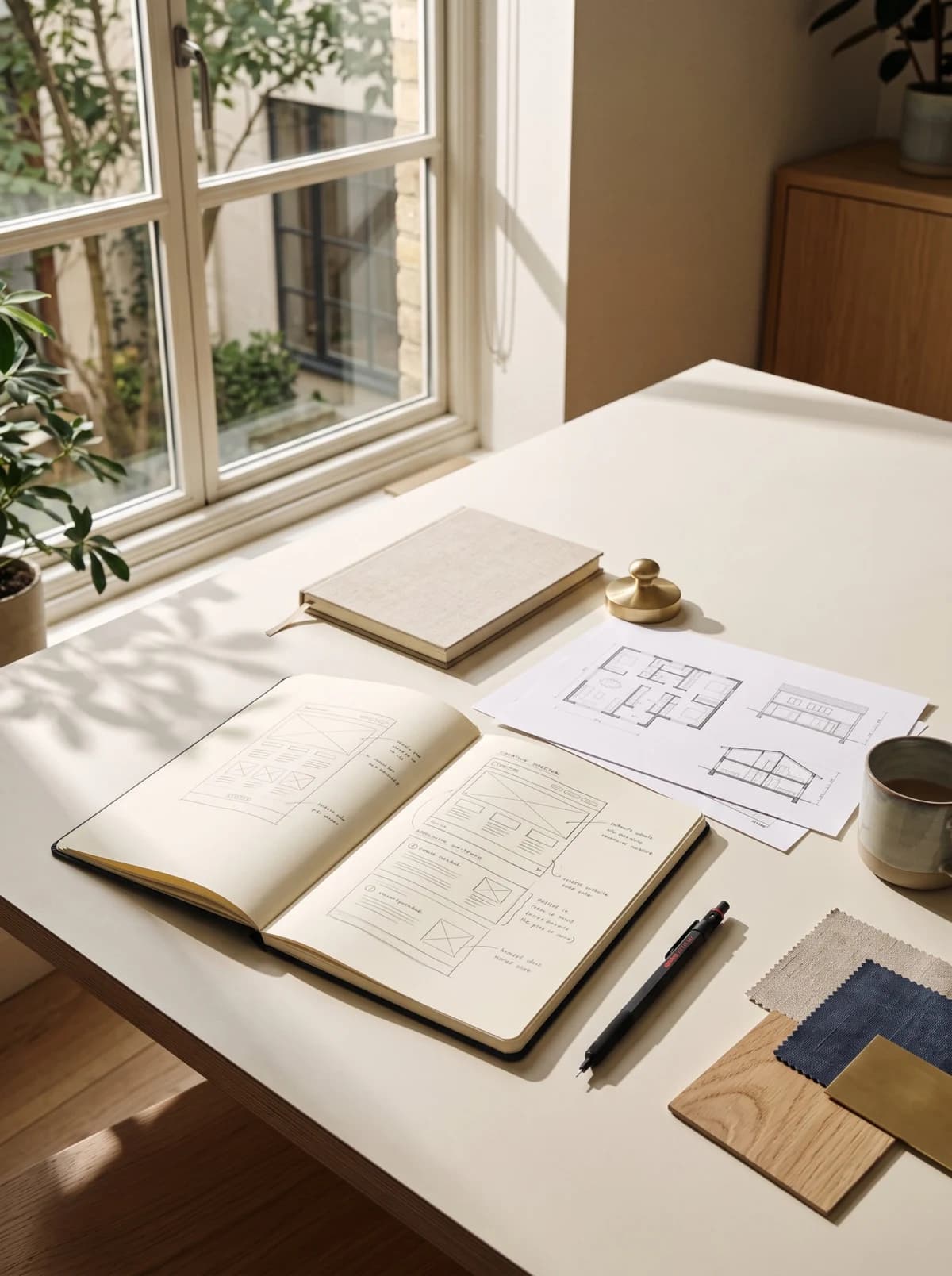 Sunlit design workspace with an open wireframe sketchbook, architectural drawings and material samples
