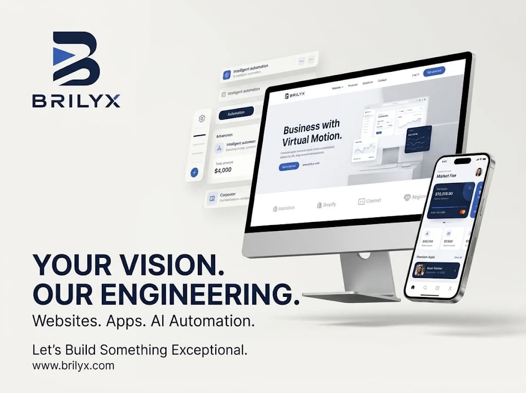 BRILYX desktop and mobile interfaces: Your vision. Our engineering. Websites, apps and AI automation.