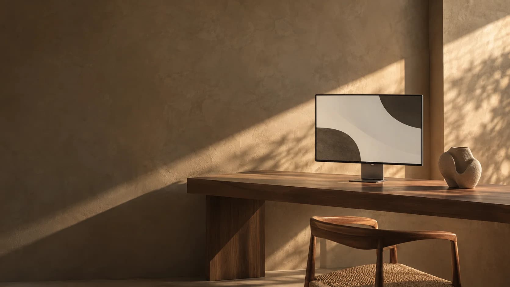 A minimal walnut desk and desktop display in a warm, sunlit plaster studio