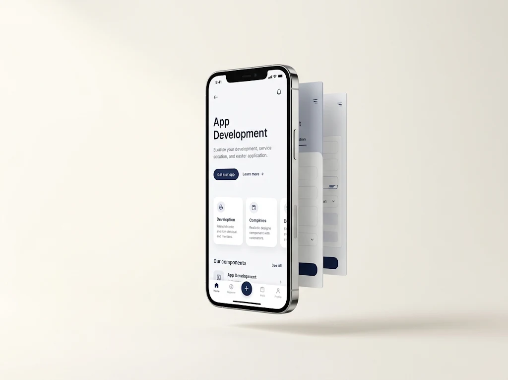 Mobile app interface displayed on a floating smartphone with layered screens on an ivory background