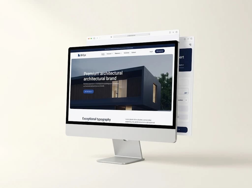 Brilyx architecture website displayed on a desktop monitor with layered browser windows