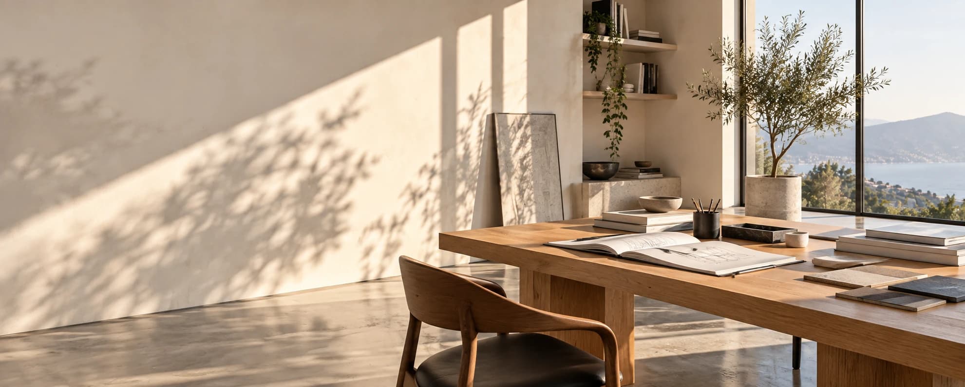 Warm sunlit studio with a wooden desk, open books, and an olive tree beside a window overlooking the coast