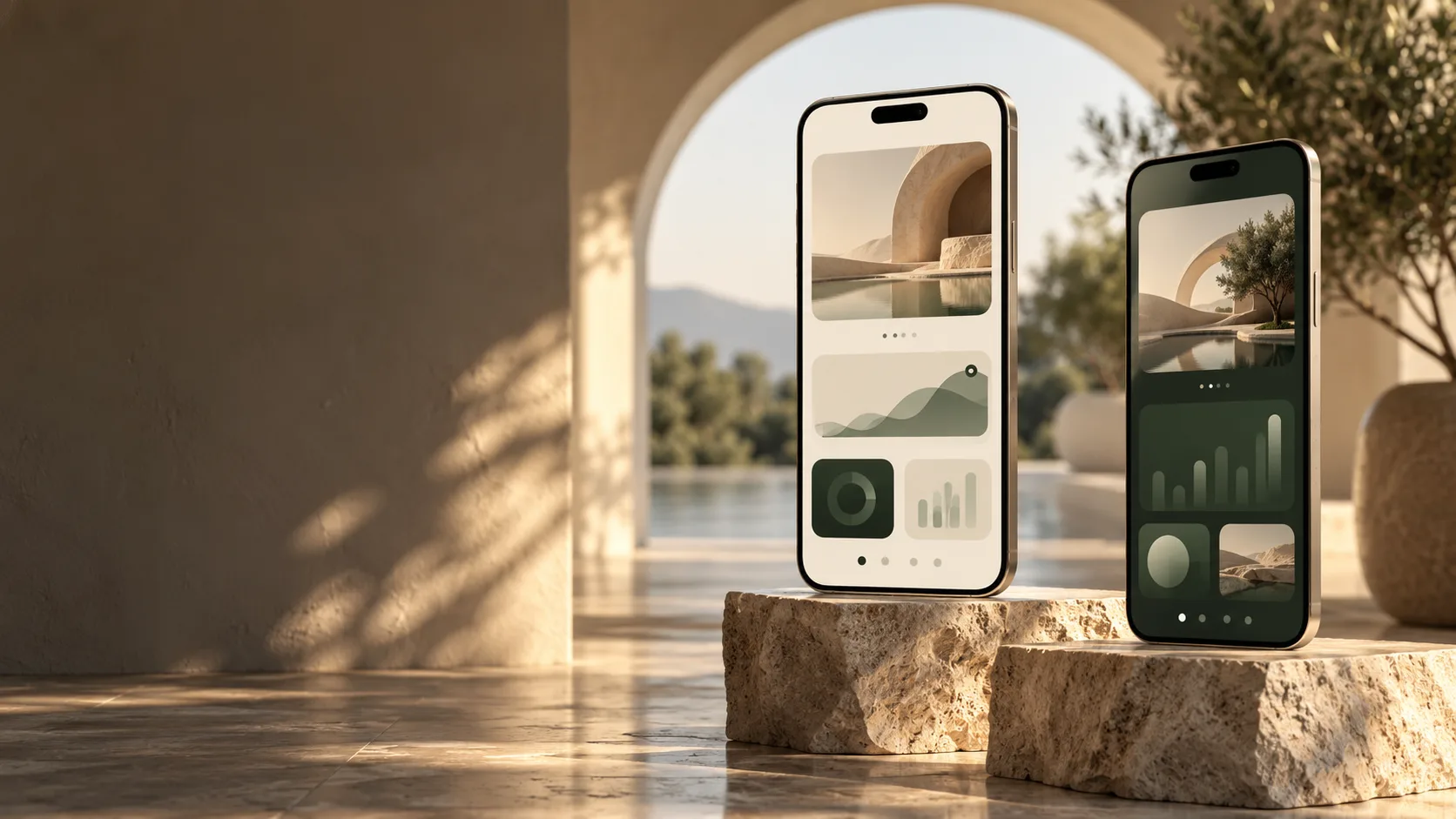 Two refined smartphones displaying abstract mobile app interfaces in a sunlit architectural setting