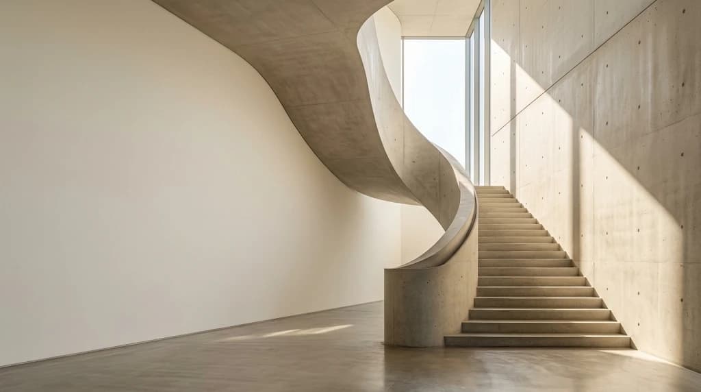 Sculptural concrete staircase curving through a sunlit architectural interior