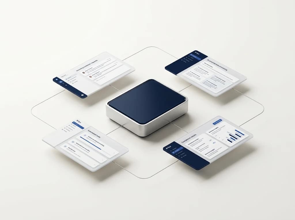 Connected automation dashboards arranged around a central hub on an ivory background